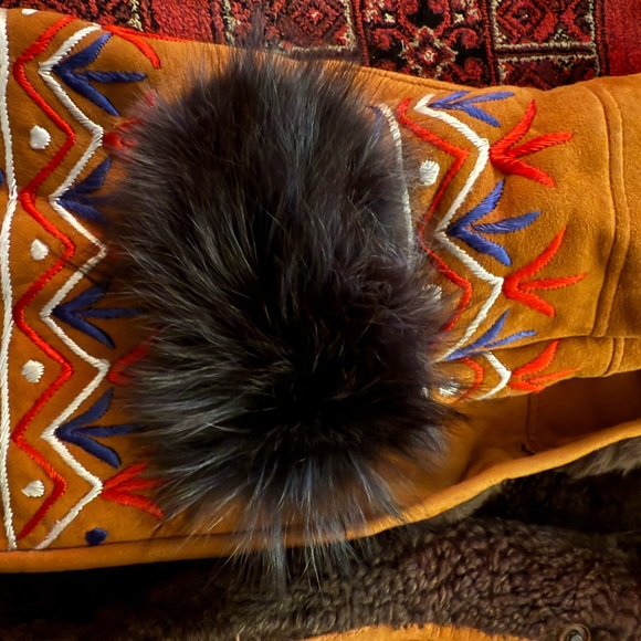 Women's Mustard Genuine Suede Shearling Coat with Real Fur Trim – Embroidered - Picture 4 of 6